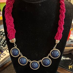 Talbots Elegant Maroon and Blue Gold Tome Beaded Necklace